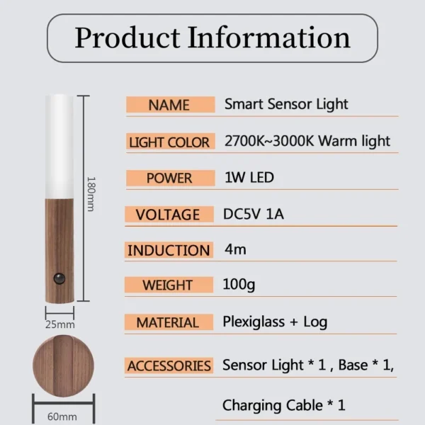 Auto LED USB Magnetic Wood Wireless Night Light Corridors Porch Lights PIR Motion Sensor Wall Light Cabinet Lamp