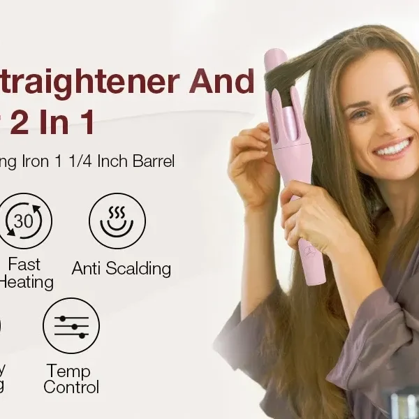 2-in-1 Automatic Hair Curler & Straightener Negative Ion Ceramic Rotating Hair Styler