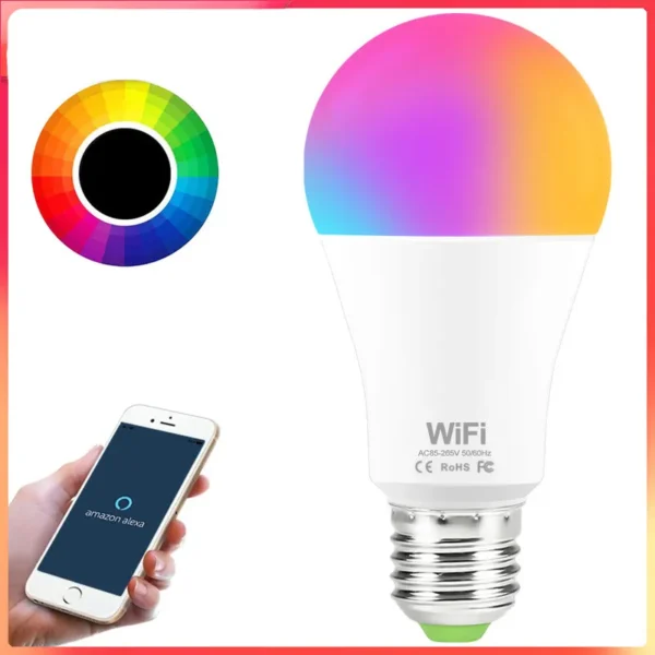 15W Smart WiFi LED Light Bulb – RGB + Warm & Cool White, Dimmable, App & Voice Control for Alexa & Google Assistant (E26/E27)