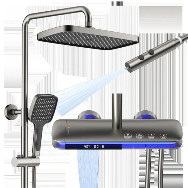 Dual Digital Display Thermostatic Shower Set with Ambient LED Light – Modern Smart Shower System with Temperature Control