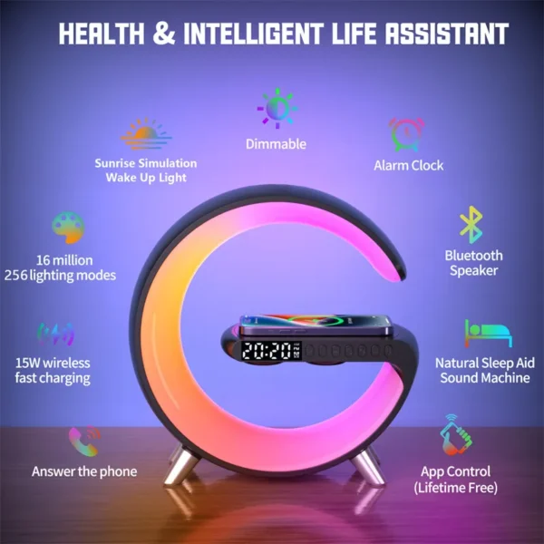 G-Shaped Smart LED Bedside Lamp – Bluetooth Speaker, 15W Wireless Charger, App Control & RGB Ambient Night Light