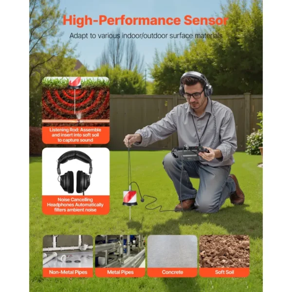Professional Pipe Water Leak Detector – 7" Touchscreen Underground Pipeline Leakage Locator with Sensor, Listening Rods & Headphones