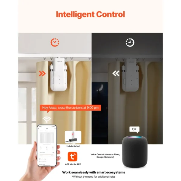 Automatic Smart Curtain Opener – WiFi Electric Curtain Robot with App, Remote Control, Hub Included, Alexa & Google Home Compatible