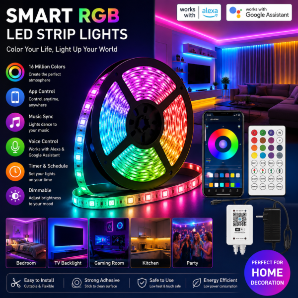 Smart RGB LED Strip Lights – WiFi App Control, Music Sync, Dimmable Color-Changing Light Strip for Bedroom, Gaming Room & Home Decor
