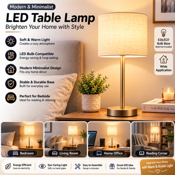 Modern Wooden Table Lamp – Creative Bedside Nightstand Lamp with Fabric Shade for Bedroom, Living Room & Home Office