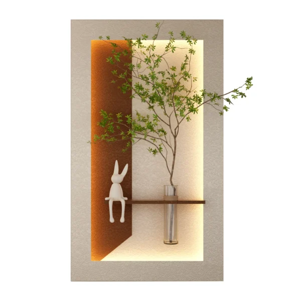 3-Color LED Sandstone Wall Decor with Faux Green Plants – 3D Art Sculpture with Glass Vase & Rabbit Statue, Remote-Controlled Wall Light for Living Room & Bedroom