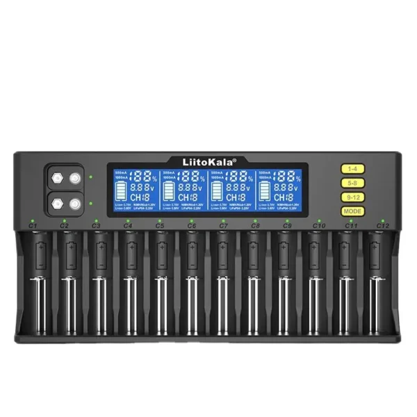 12-Slot LCD 21700 Battery Charger – Multi-Bay Li-Ion Rechargeable Battery Charger