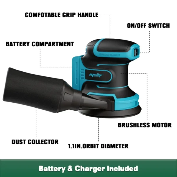 125mm Cordless Random Orbital Sander – 18V Brushless Electric Handheld Power Tool for Wood & Surface Finishing