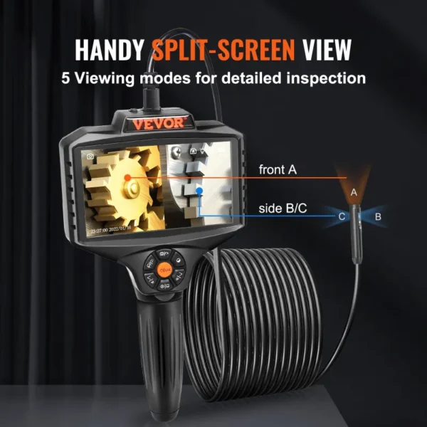 Triple-Lens 1080P Borescope Inspection Camera – 5" IPS Screen, 8X Zoom, 16.5FT Cable, 32GB Card & LED Lights