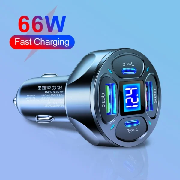 66W Car Charger – Dual USB & USB-C Fast Charging Adapter with Digital Display