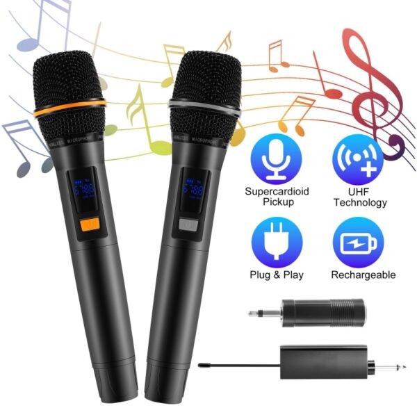 2-Pack UHF Wireless Microphones – Rechargeable Metal Handheld Dynamic Mics with 262FT Range for Karaoke, Events & DJ Use