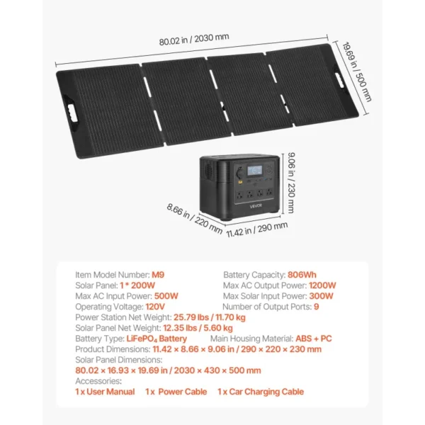 1200W 806Wh LiFePO4 Portable Power Station with 200W Solar Panel – Solar Generator with 9 Output Ports for Home, Camping & RV