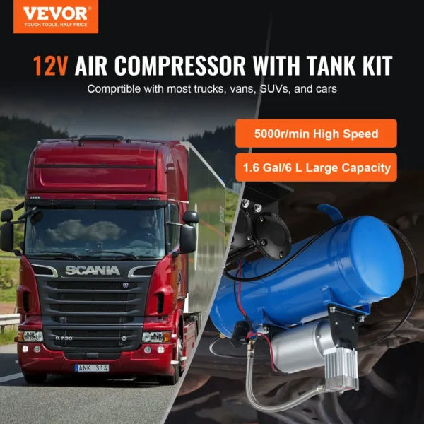 12V 1.6-Gallon Onboard Air Compressor with Tank – 120 PSI Portable Air System for Air Horns, Tires & Inflatables