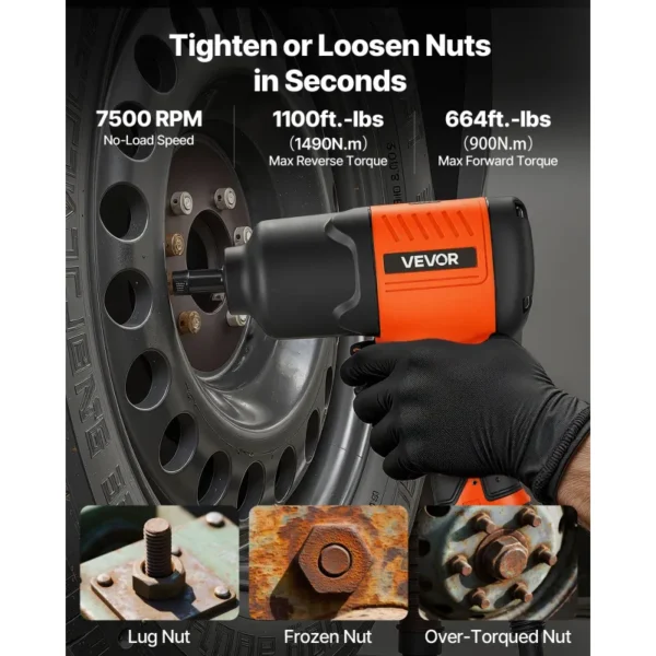1/2-Inch Pneumatic Air Impact Wrench – 1,100 Ft-Lbs Reverse Torque, 7,500 RPM & 4-Speed Adjustable