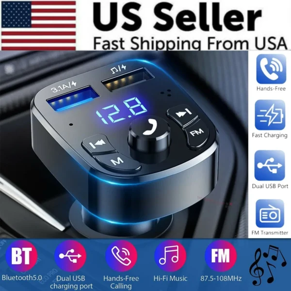 Wireless Bluetooth FM Transmitter for Car – MP3 Player with USB Charger & Hands-Free Calling