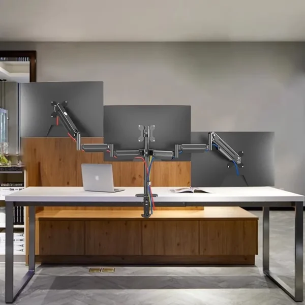Three-Screen Monitor Stand – Adjustable Triple Monitor Desktop Mount for Computer Workstations