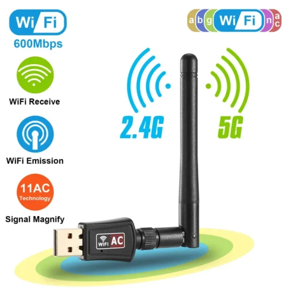 USB WiFi Adapter AC600Mbps – 5GHz/2.4GHz Dual-Band 802.11ac Wireless Network Adapter with 2dBi External Antennas