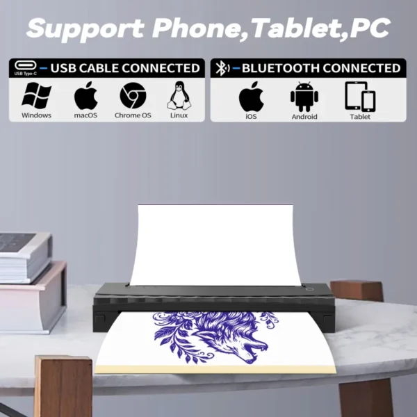 A4 Bluetooth Portable Thermal Tattoo Printer – Wireless Temporary Tattoo Stencil & Transfer PrinterPortable A4 thermal printer designed for creating temporary tattoo stencils and transfer patterns without ink. Bluetooth connectivity makes wireless printing convenient from compatible devices.